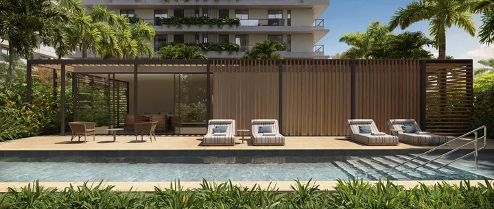 Perspectiva ilustrada do deck de uma cabana privativa