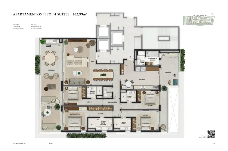Planta ilustrativa do apartamento de 4 suítes e 262,99 m²