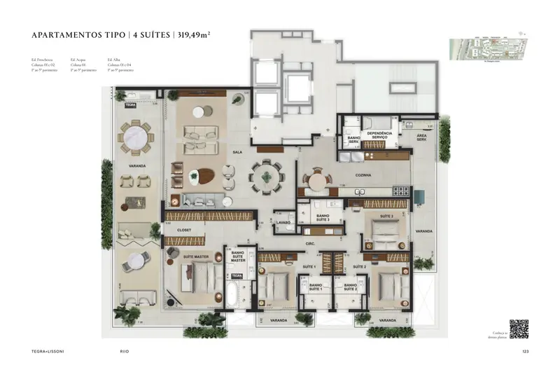 Planta ilustrativa do apartamento de 4 suítes e 319,49 m²
