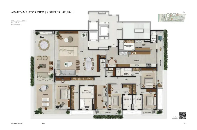 Planta ilustrativa do apartamento de 4 suítes e 411,18 m²