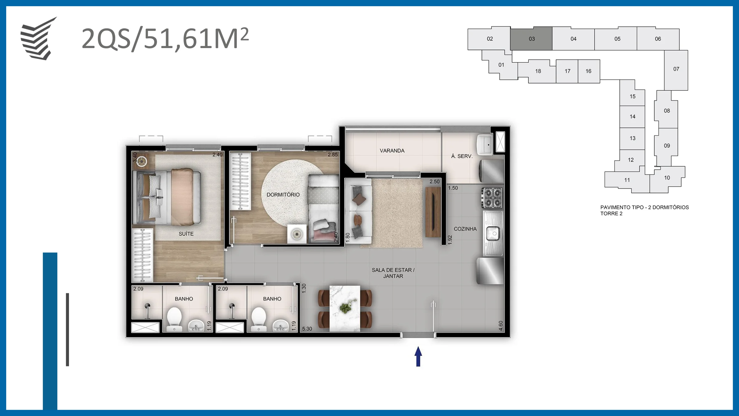 2 quartos com suíte · 51,61 m² · Rio Branco 220 Residencial