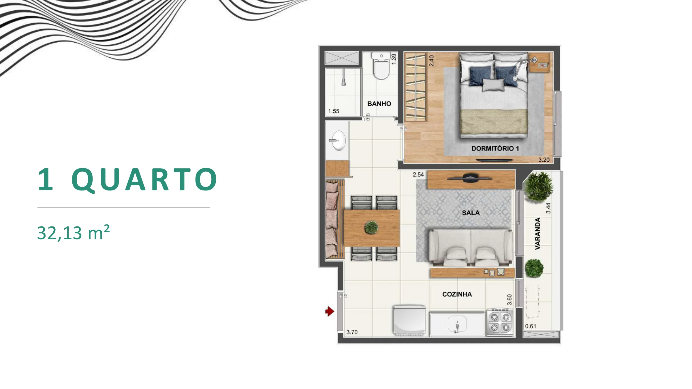 1 quarto · 32,13 m² · Rio Energy Residencial