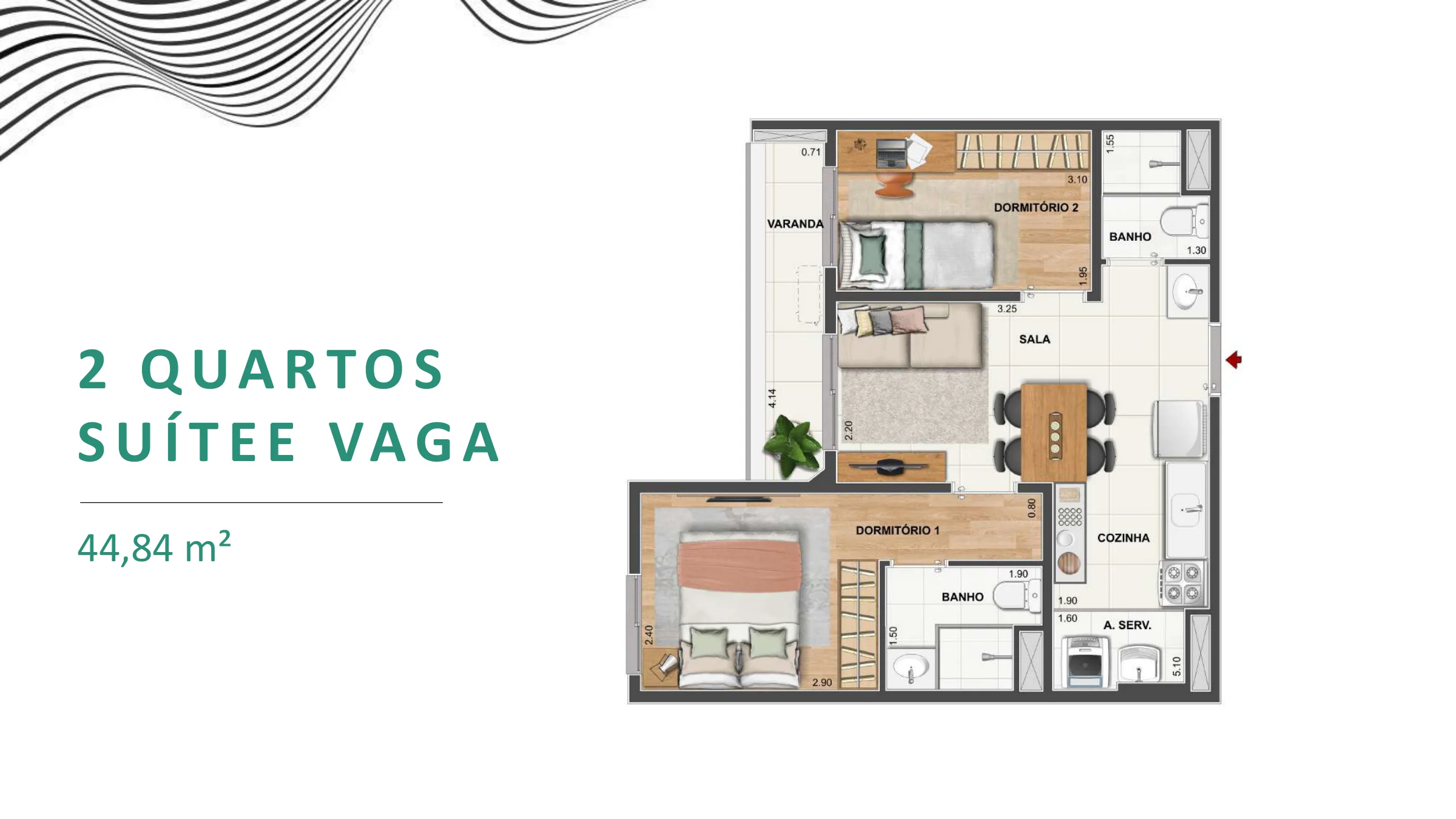 2 quartos com suíte · 44,84 m² · Rio Energy Residencial