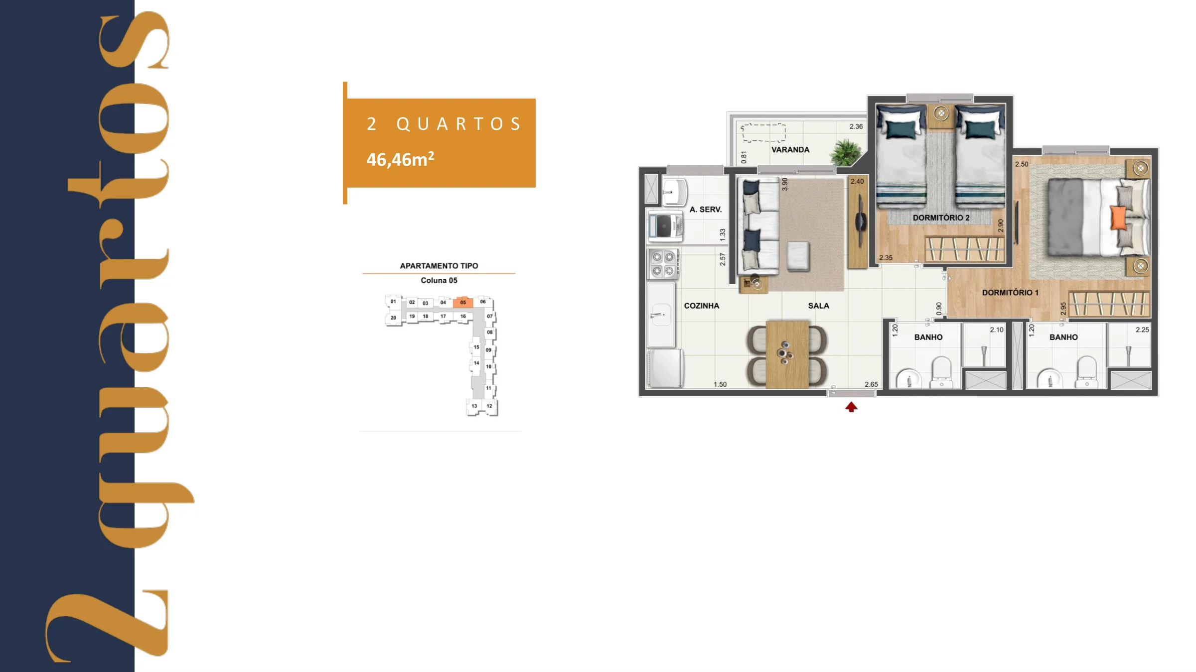 2 quartos · 46,46 m² · Rio Wonder — Cais do Valongo