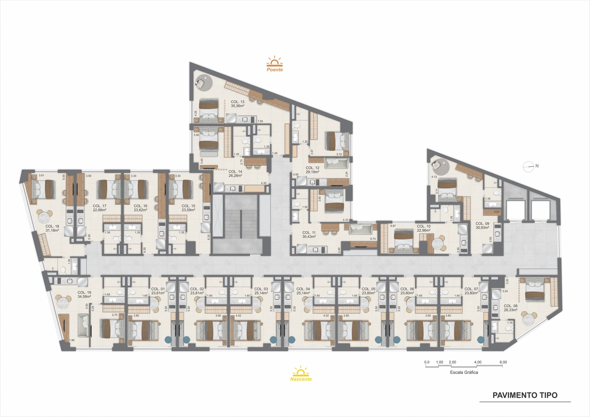 Pavimento tipo com studios e apartamentos sala-quarto