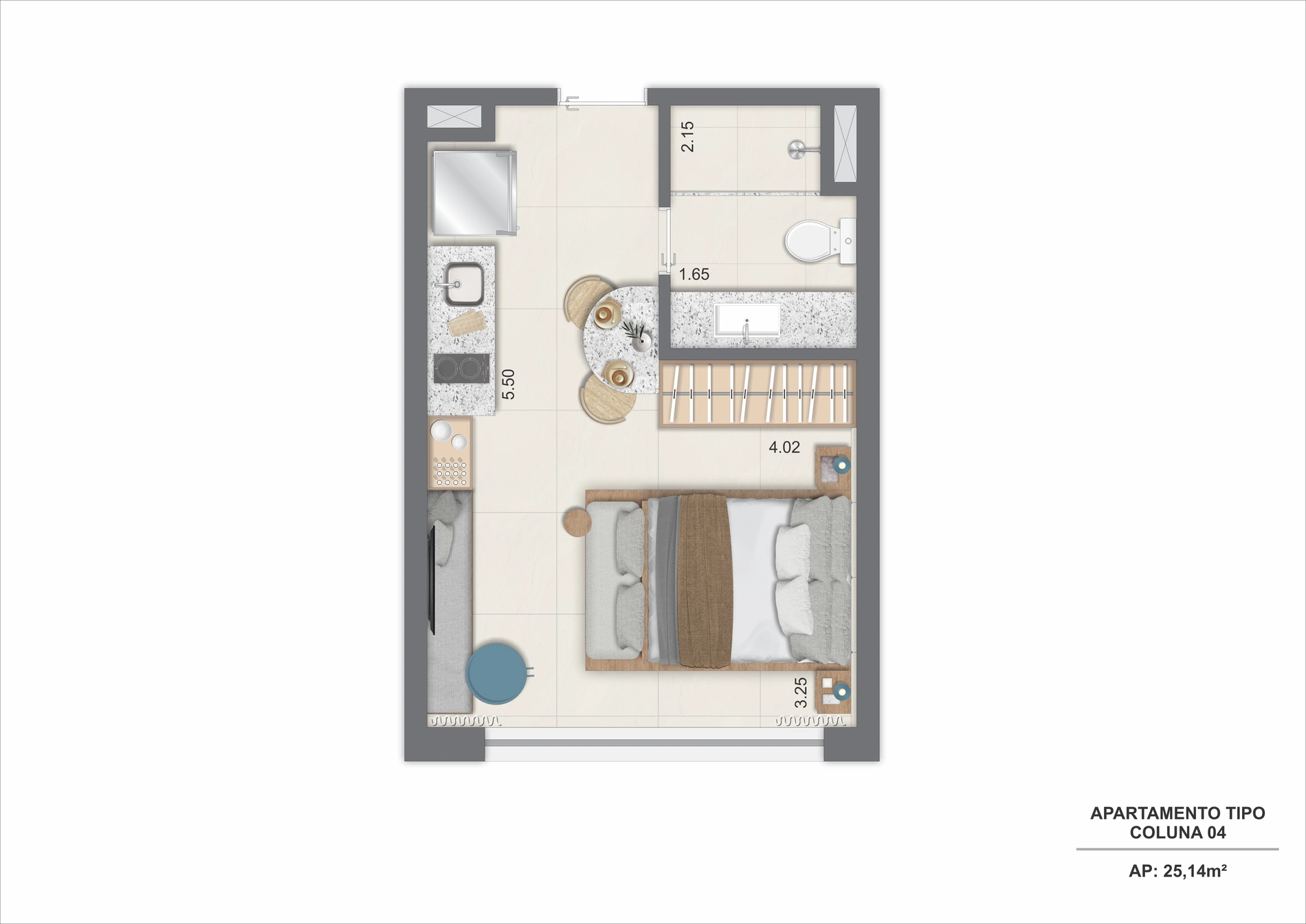 Planta decorada de studio com área indicada de 25,16 m²
