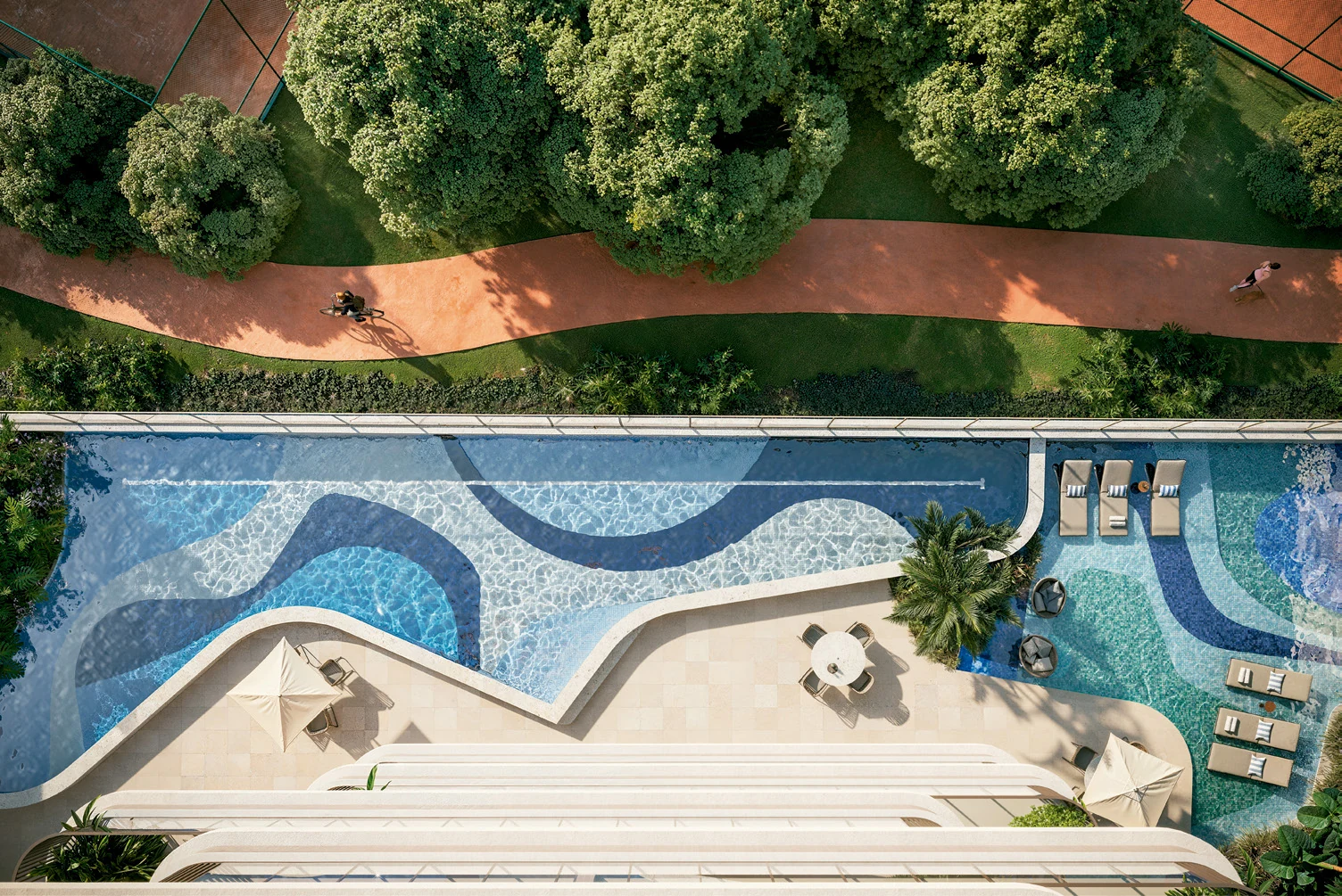 Paisagismo e piscina · perspectiva ilustrativa