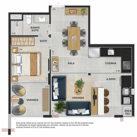 Planta ilustrativa do apartamento com 1 suíte
