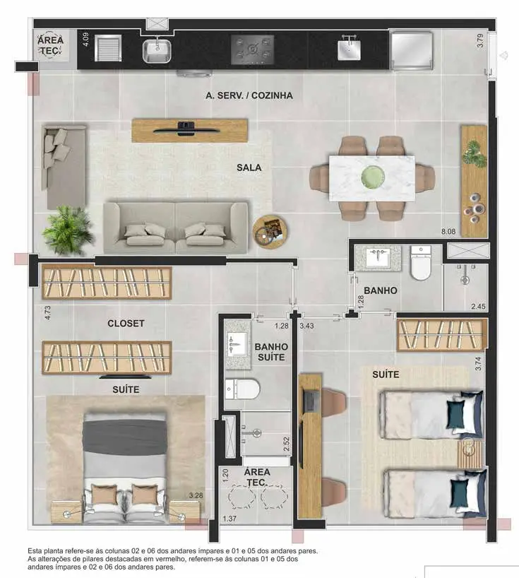 Planta ilustrativa do apartamento com 2 suítes