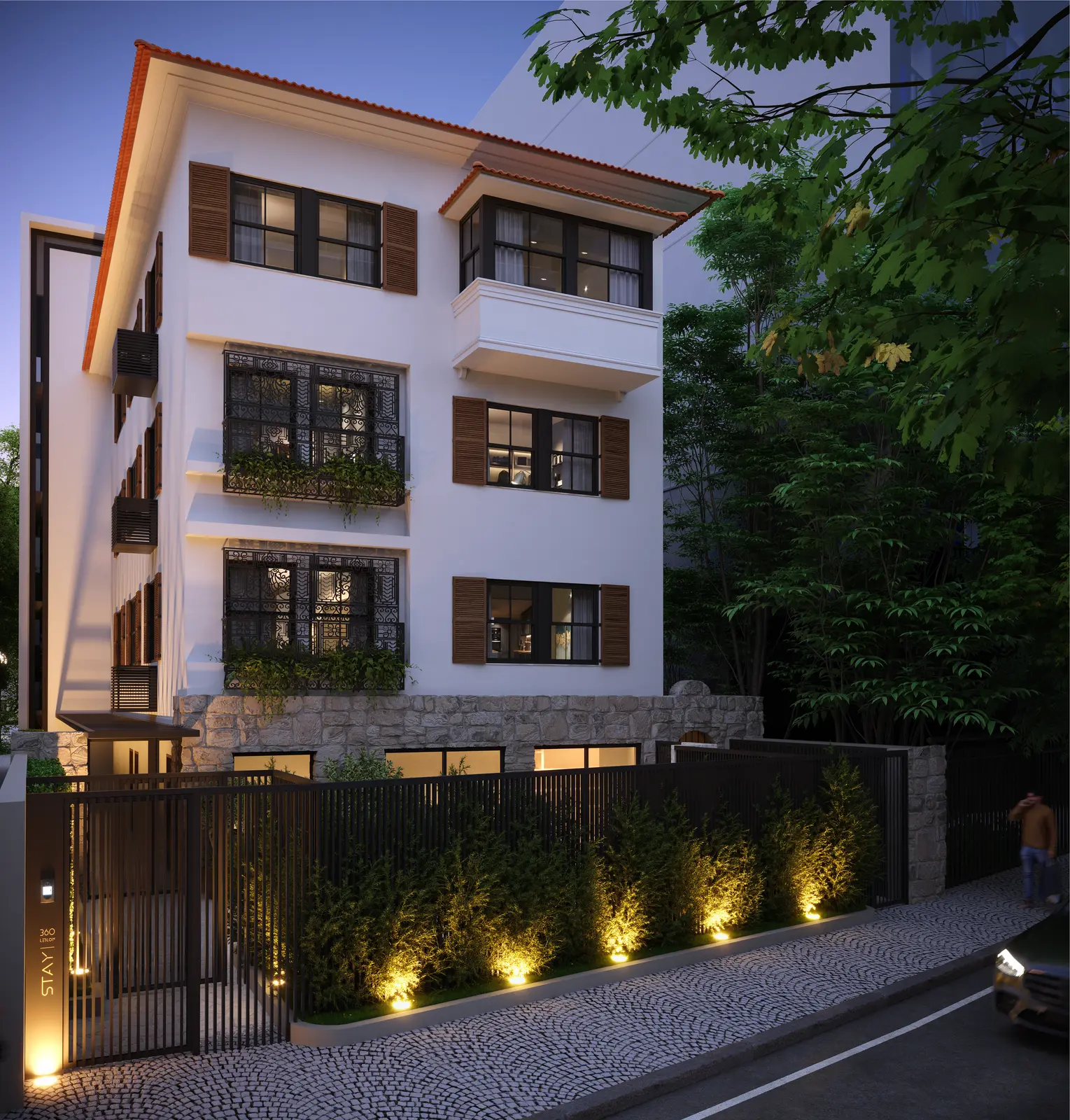 Perspectiva noturna da fachada do Stay 360 Leblon