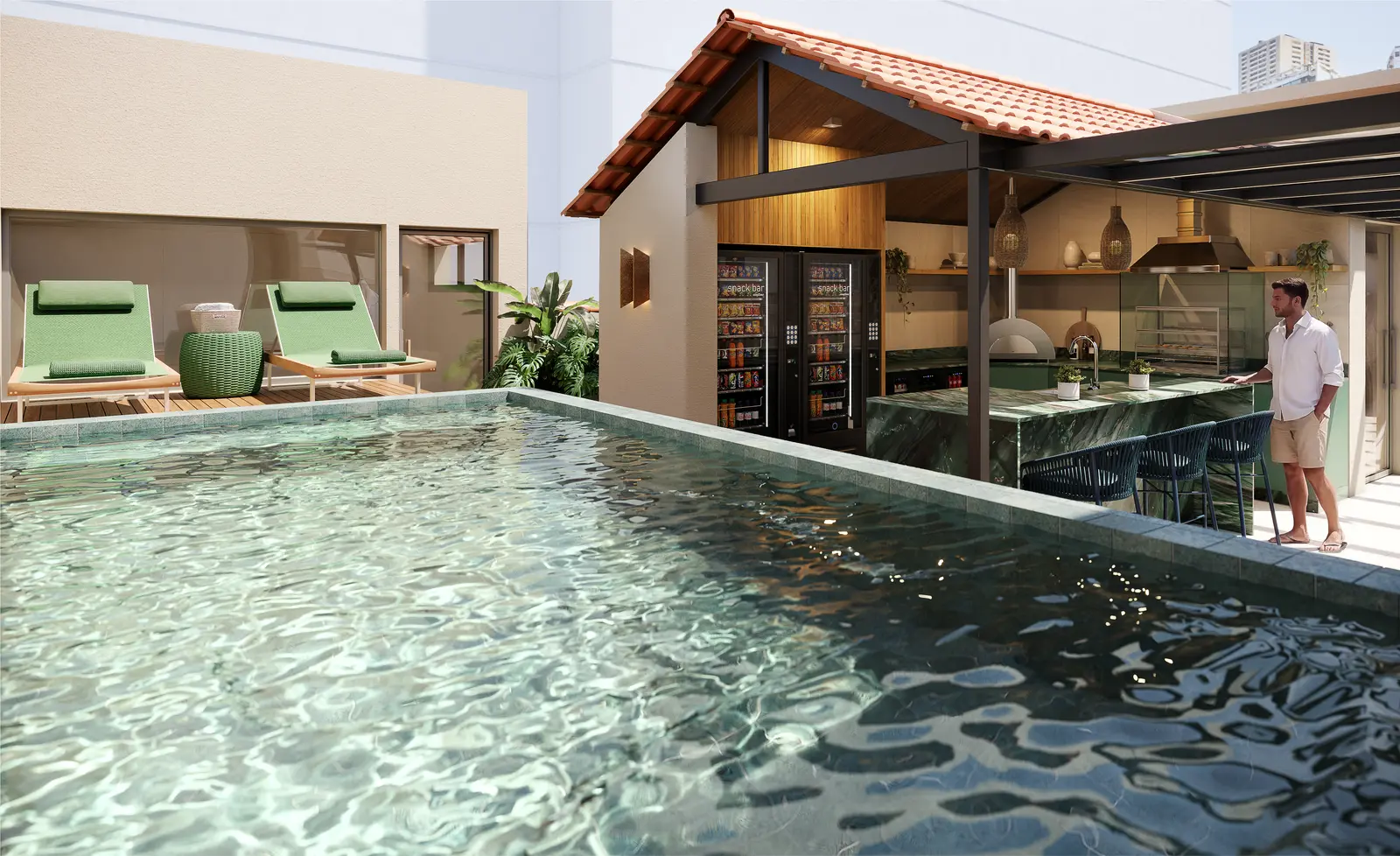 Perspectiva ilustrativa da piscina no rooftop do Stay 360 Leblon