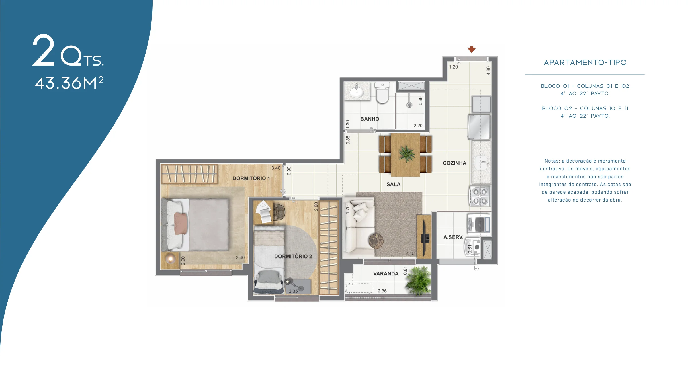 2 quartos · 43,36 m² · The Pier Residencial