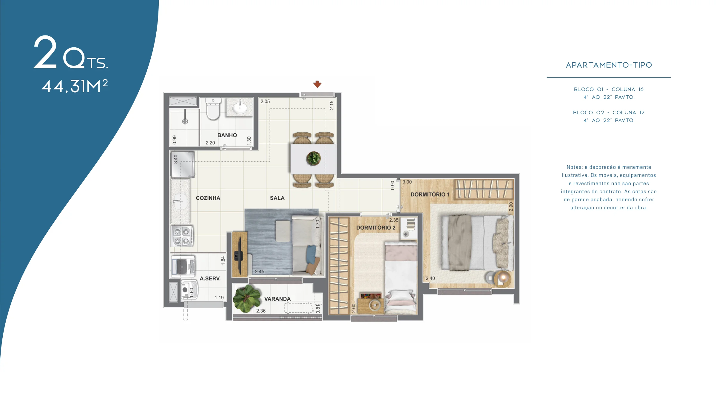 2 quartos · 44,31 m² · The Pier Residencial