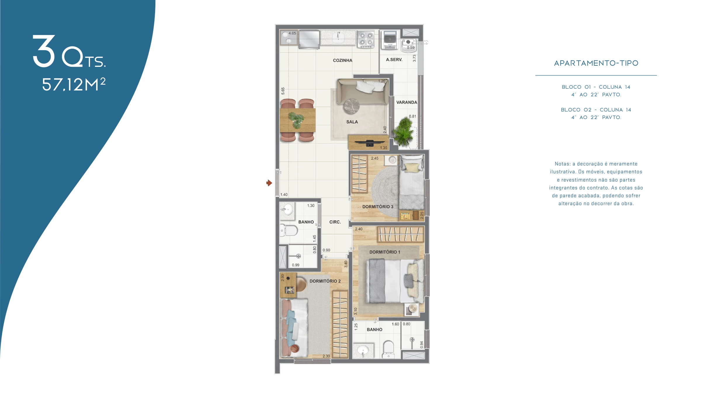3 quartos · 57,12 m² · The Pier Residencial
