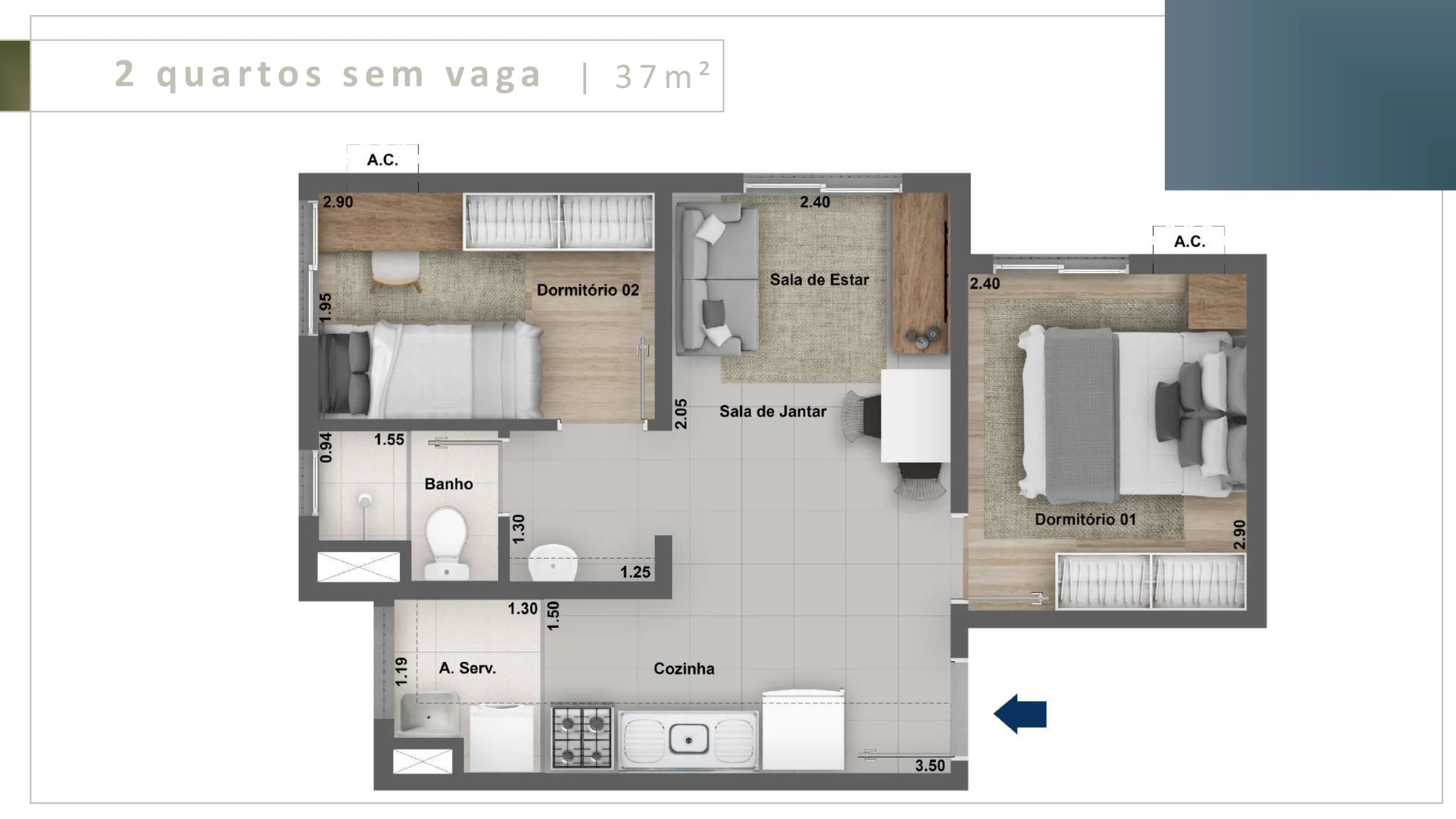 2 quartos · 37 m² · Único Bonsucesso