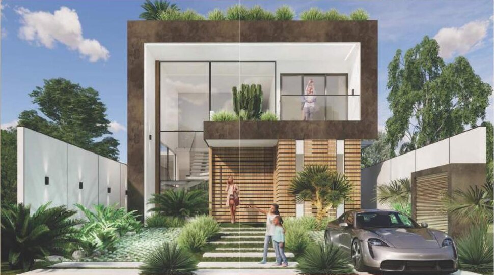Perspectiva ilustrativa da fachada da Residência LT no Villa Blanca II