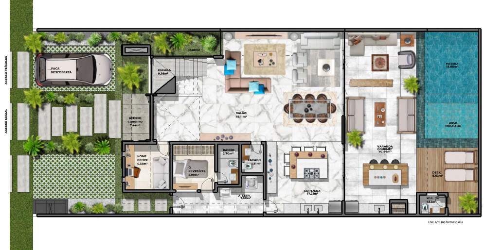 Planta ilustrativa do pavimento 1 da Residência LT Villa Blanca II
