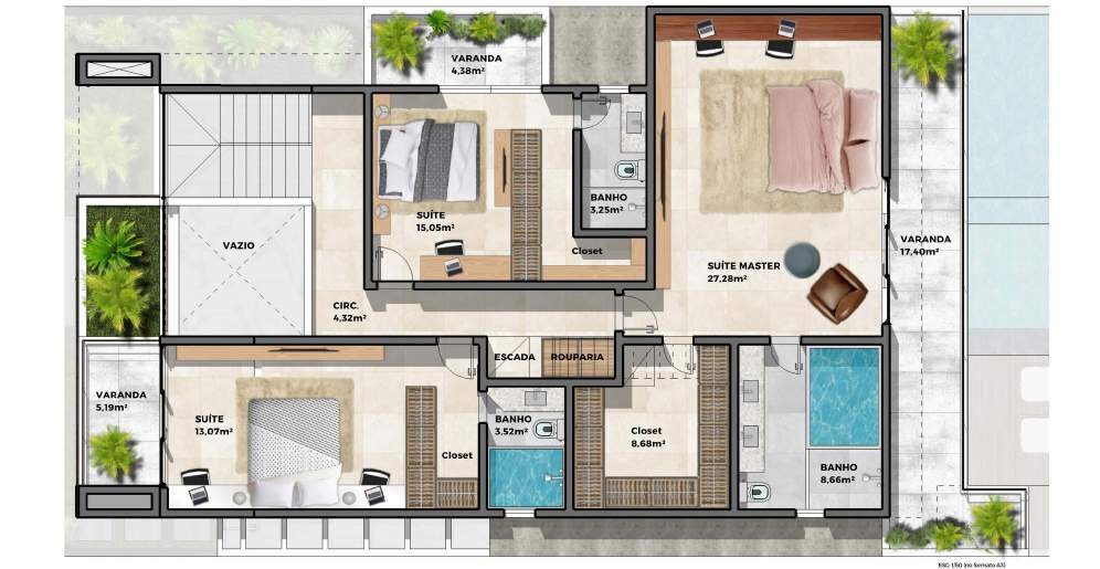 Planta ilustrativa do pavimento 2 da Residência LT Villa Blanca II