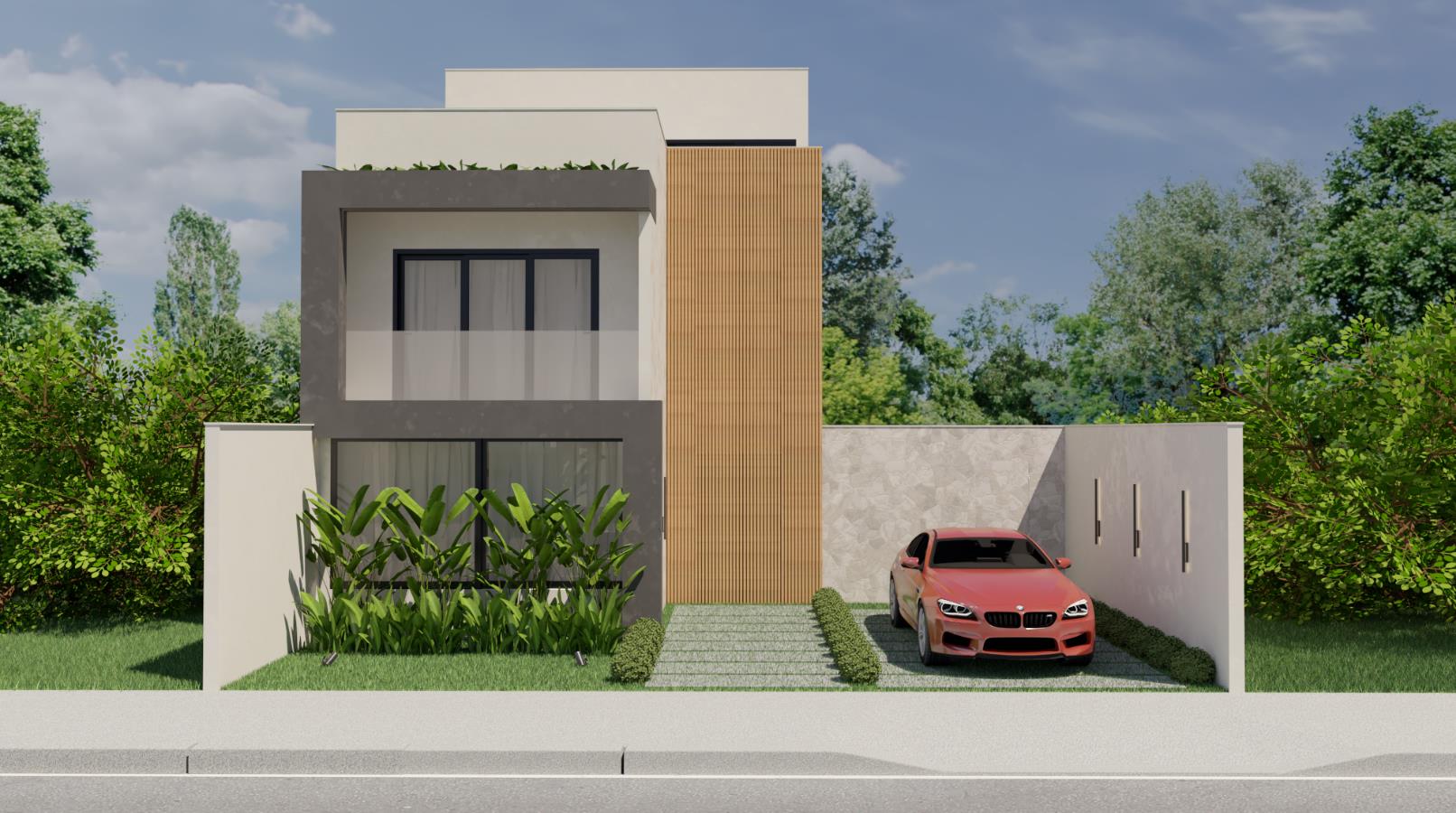 Perspectiva ilustrativa da fachada da Residência LT no Villa Blanca III