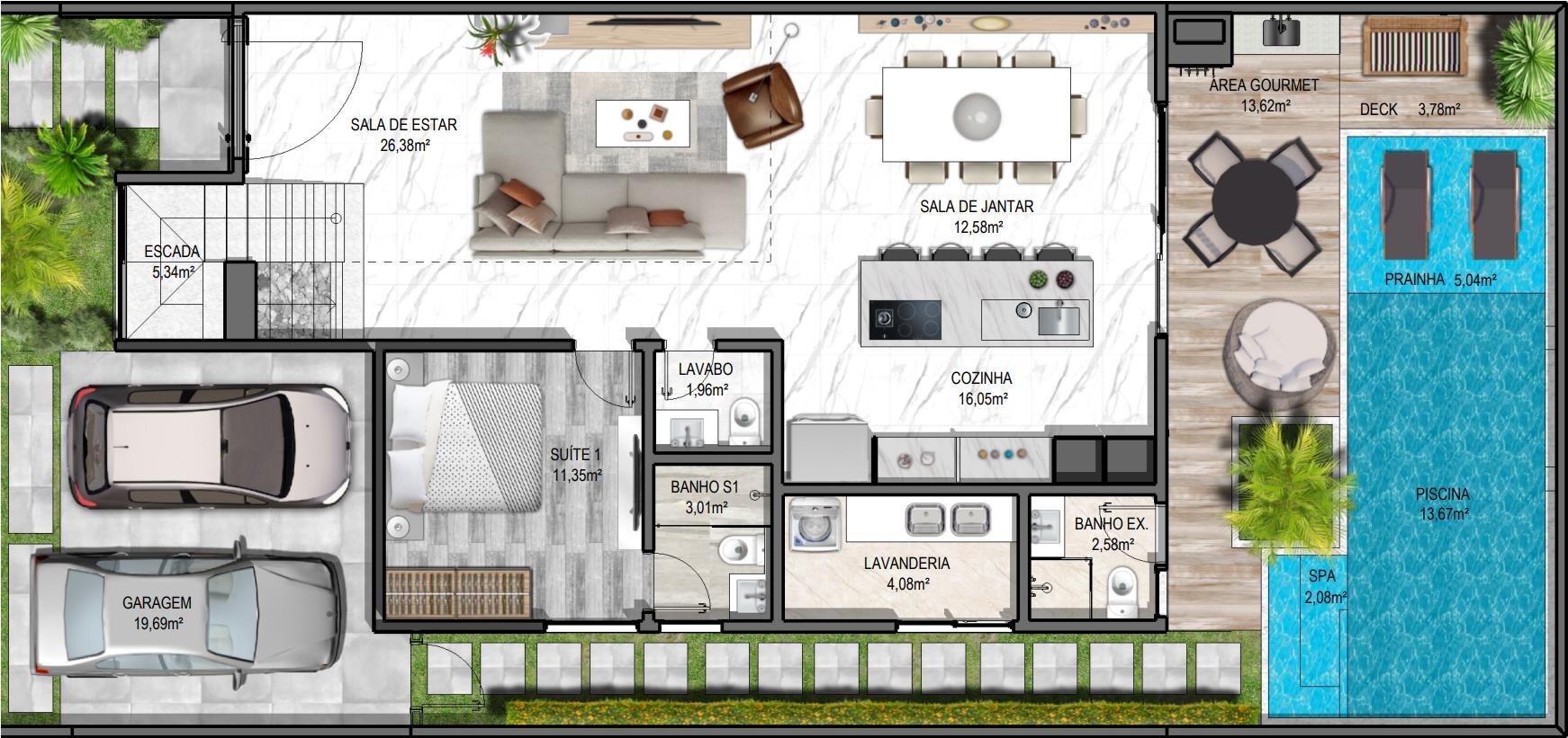Planta ilustrativa do pavimento 1 da Residência LT Villa Blanca IV