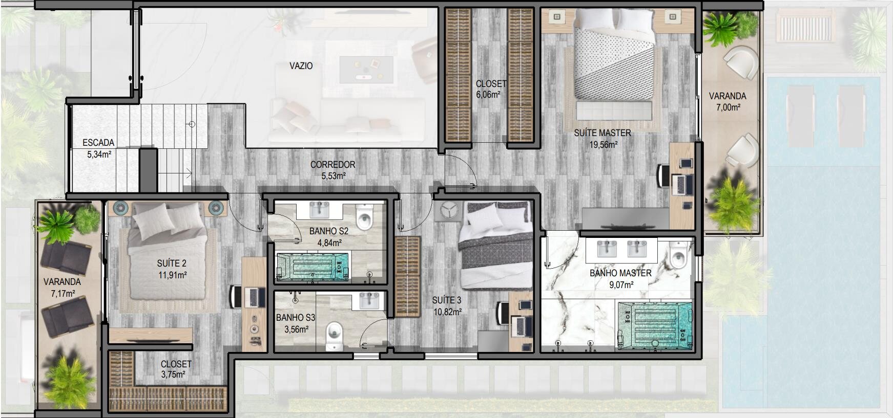 Planta ilustrativa do pavimento 2 da Residência LT Villa Blanca IV