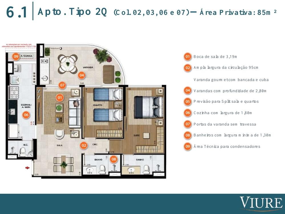 Planta de apartamento de 2 quartos com 85 m² no Viure Ilha Pura