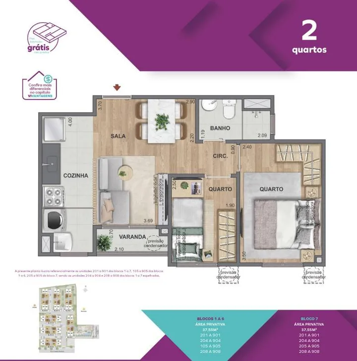 Vivaz Connection Zona Norte — Planta Vivaz Connection Zona Norte - 2 quartos 37,55m²