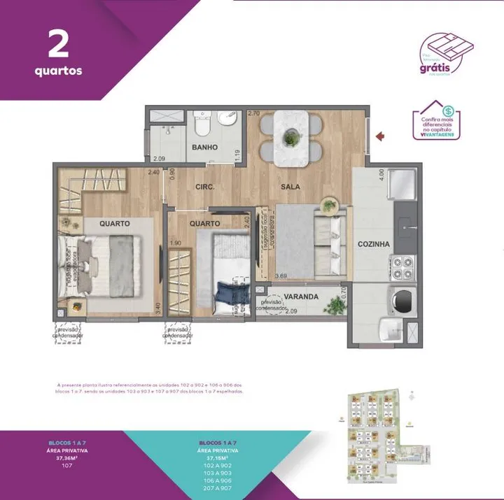 Vivaz Connection Zona Norte — Planta Vivaz Connection Zona Norte - 2 quartos 37,36m²