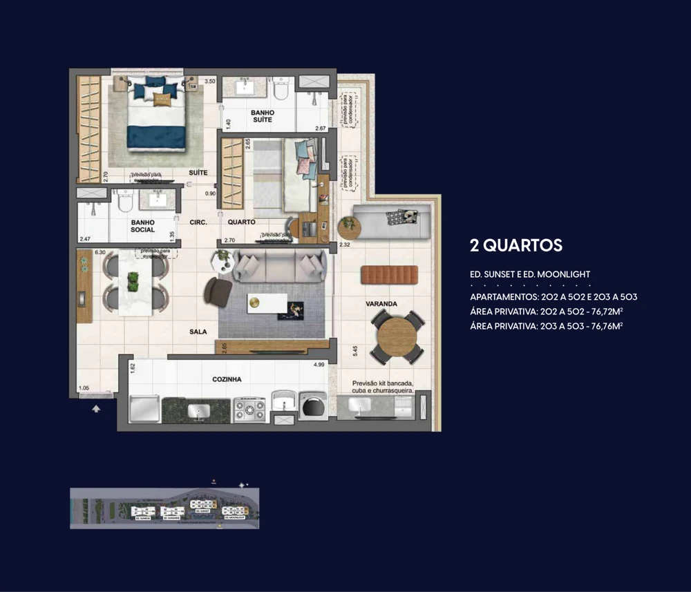 Planta Wave by Yoo: 2 quartos · 76,72 / 76,76 m² — Sunset e Moonlight · apartamentos tipo