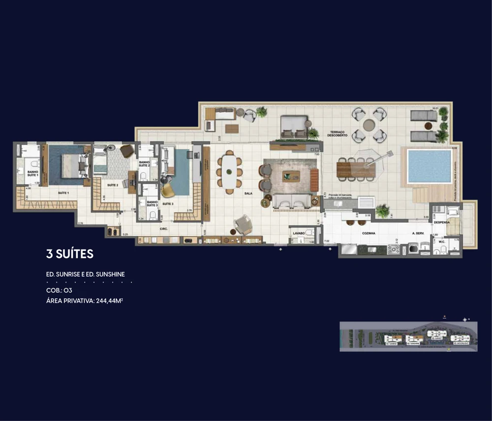 Planta Wave by Yoo: Cobertura 3 suítes · 244,44 m² — Sunrise e Sunshine · cobertura linear 03