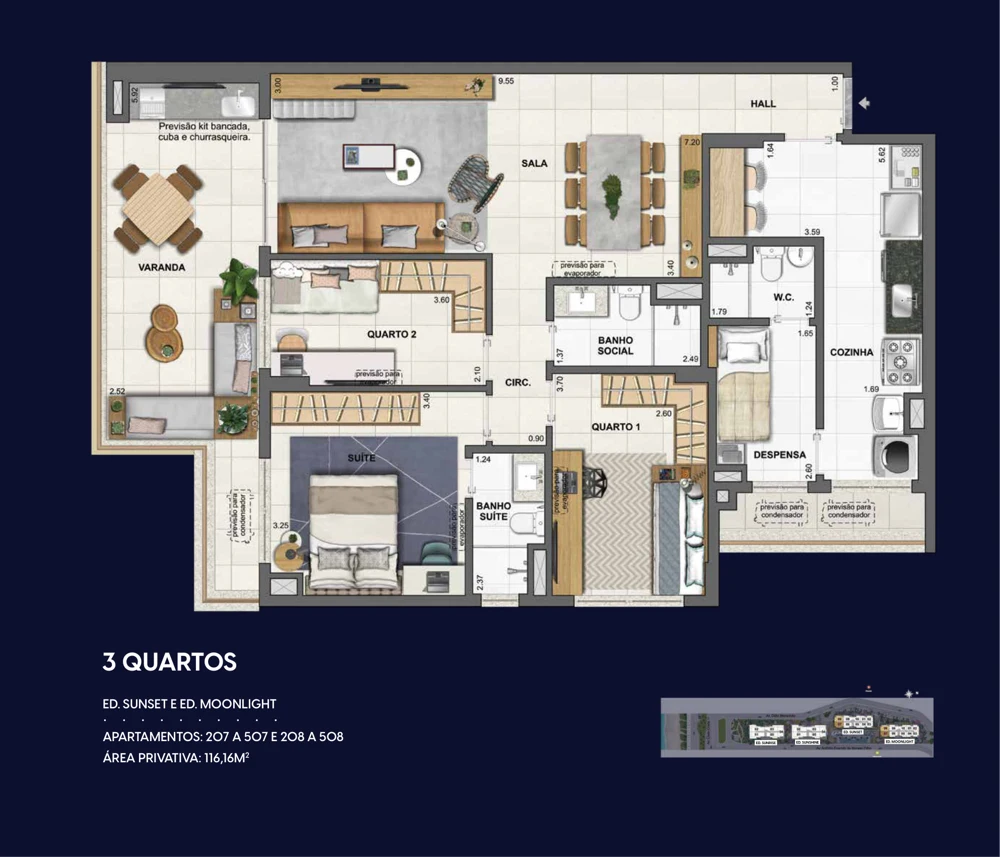 Planta Wave by Yoo: 3 quartos · 116,16 m² — Sunset e Moonlight · apartamentos tipo