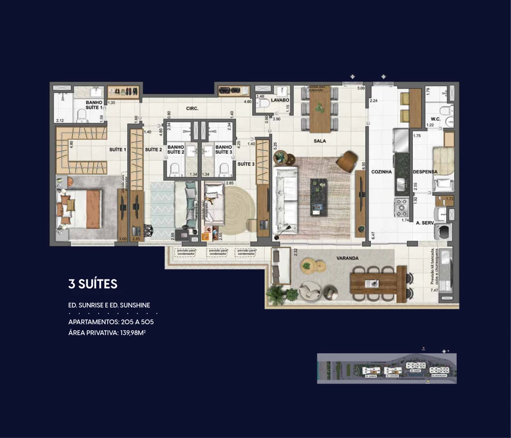 Planta Wave by Yoo: 3 suítes · 150,13 m² — Sunrise e Sunshine · apartamentos tipo