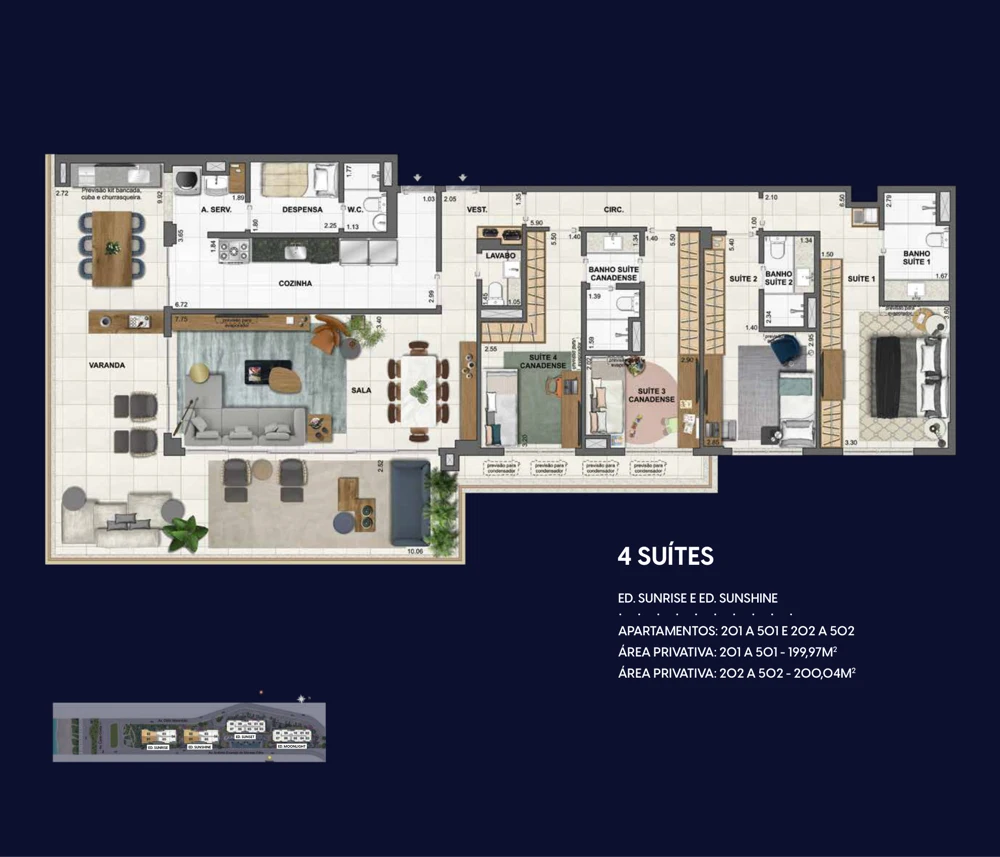 Planta Wave by Yoo: 4 suítes · 199,97 / 200,04 m² — Sunrise e Sunshine · apartamentos tipo
