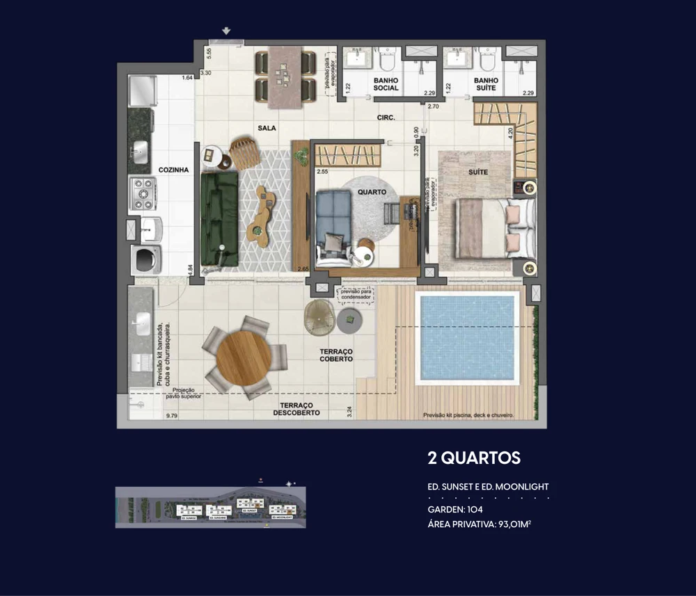 Planta Wave by Yoo: Garden 2 quartos · 93,01 m² — Sunset e Moonlight · unidade 104
