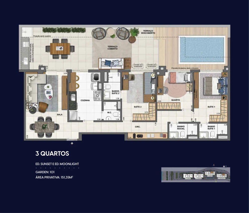 Planta Wave by Yoo: Garden 3 quartos · 151,35 m² — Sunset e Moonlight · unidade 101