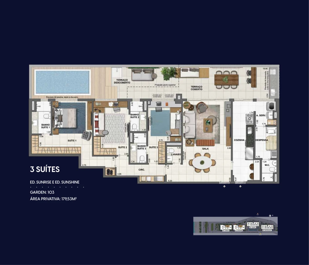 Planta Wave by Yoo: Garden 3 suítes · 179,53 m² — Sunrise e Sunshine · unidade 103