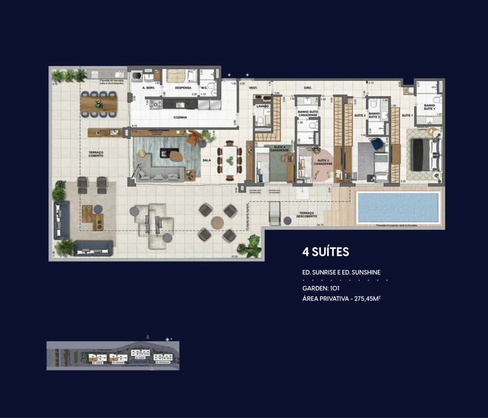 Planta Wave by Yoo: Garden 4 suítes · 275,45 m² — Sunrise e Sunshine · unidade 101
