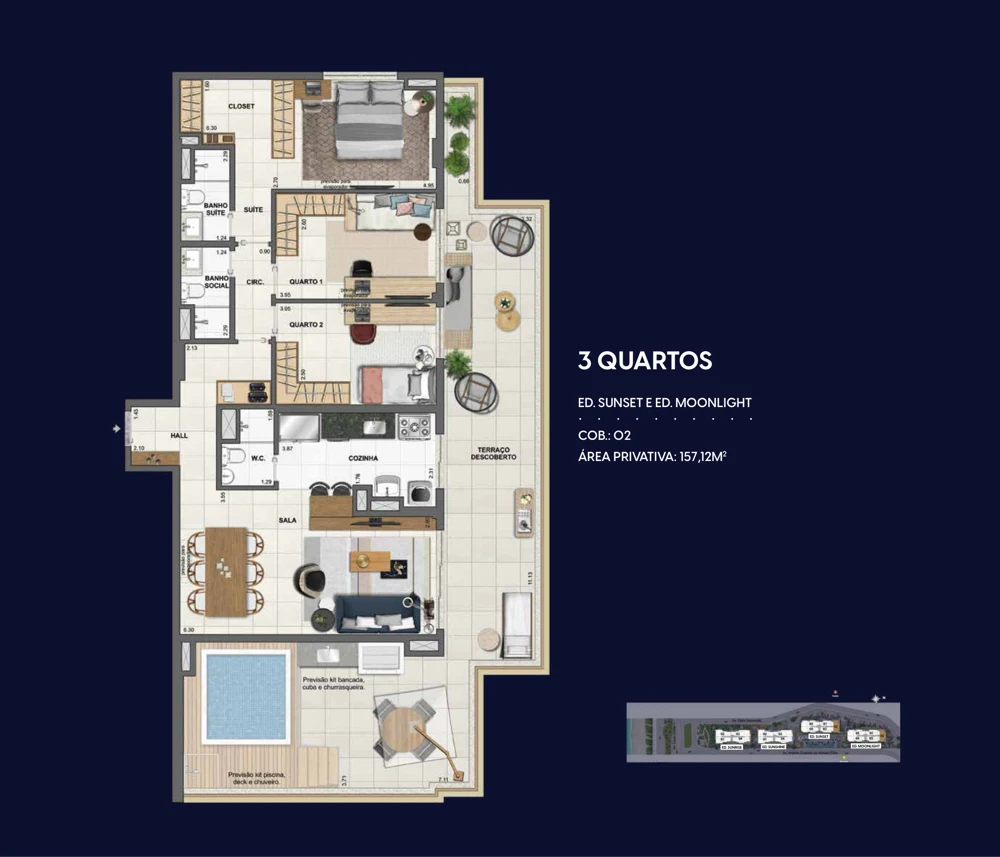 Planta Wave by Yoo: Cobertura 3 quartos · 157,12 m² — Sunset e Moonlight · cobertura linear 02